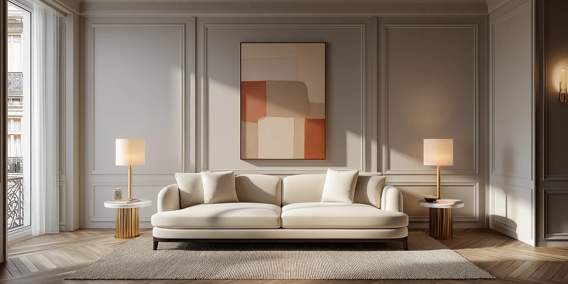 Elegant living room interior featuring sustainable materials like bamboo flooring and low-VOC painted walls.