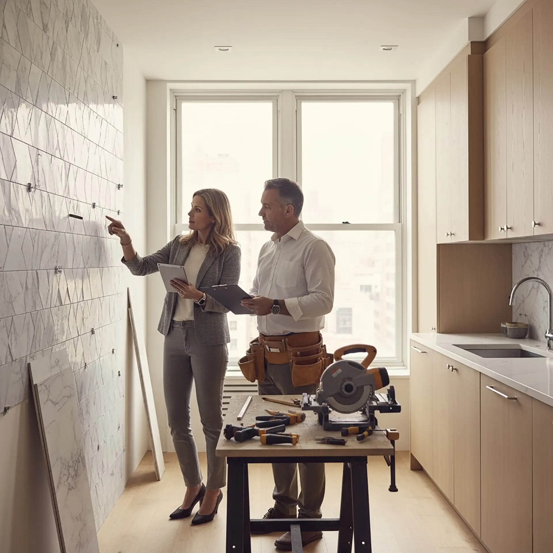 Professional contractor reviewing architectural plans on a complex gut renovation construction site.