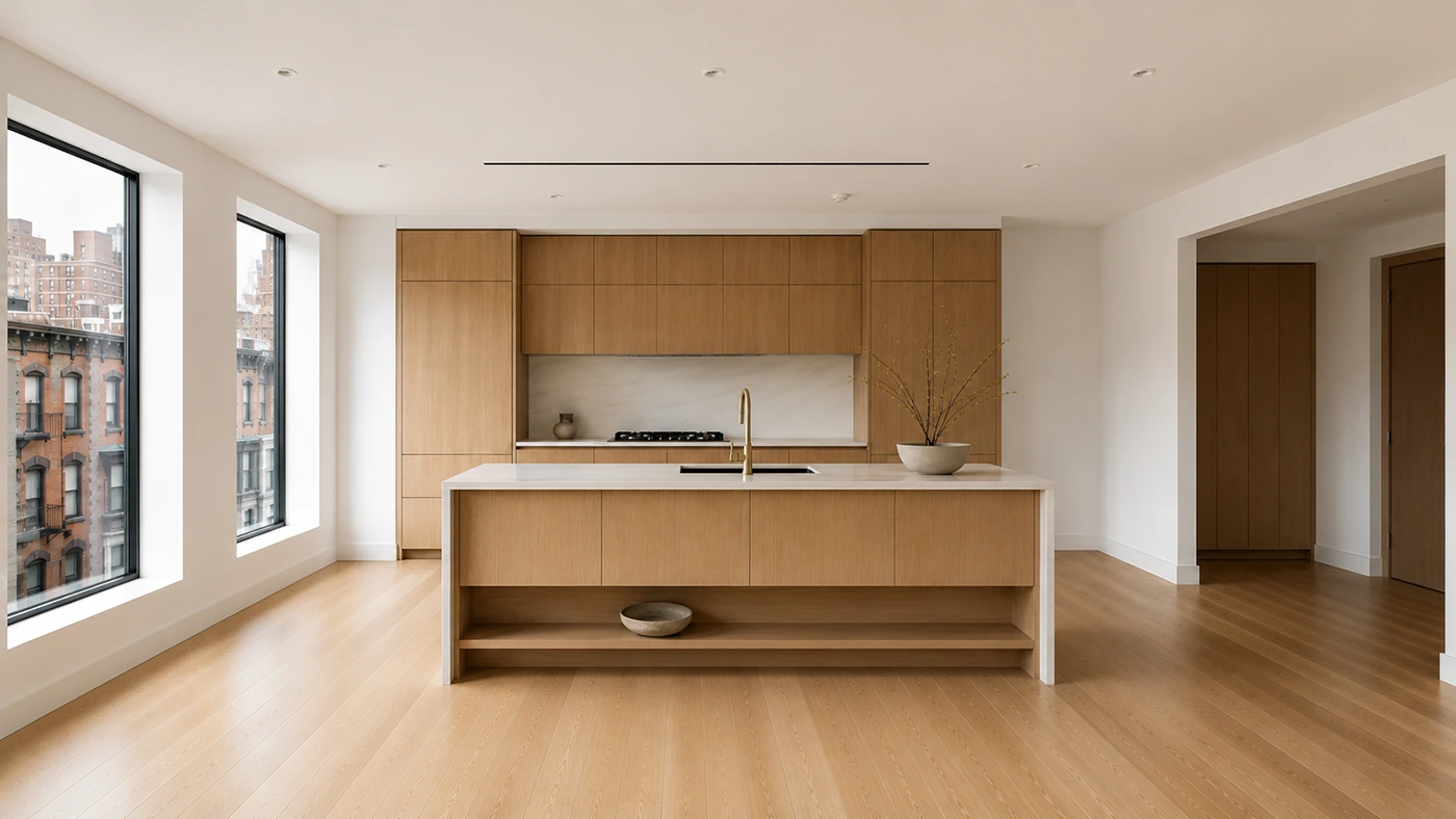 japandi kitchen interior, Manhattan apartment
