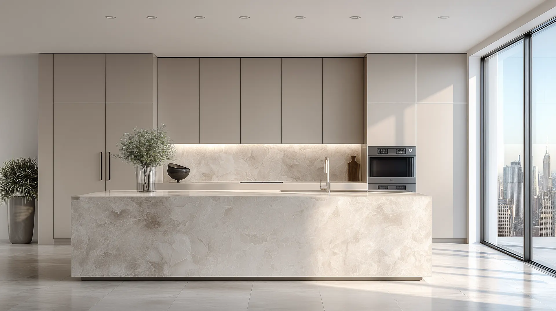 Luxurious modern kitchen featuring large-format porcelain tiles on the floor and walls, minimizing grout lines.