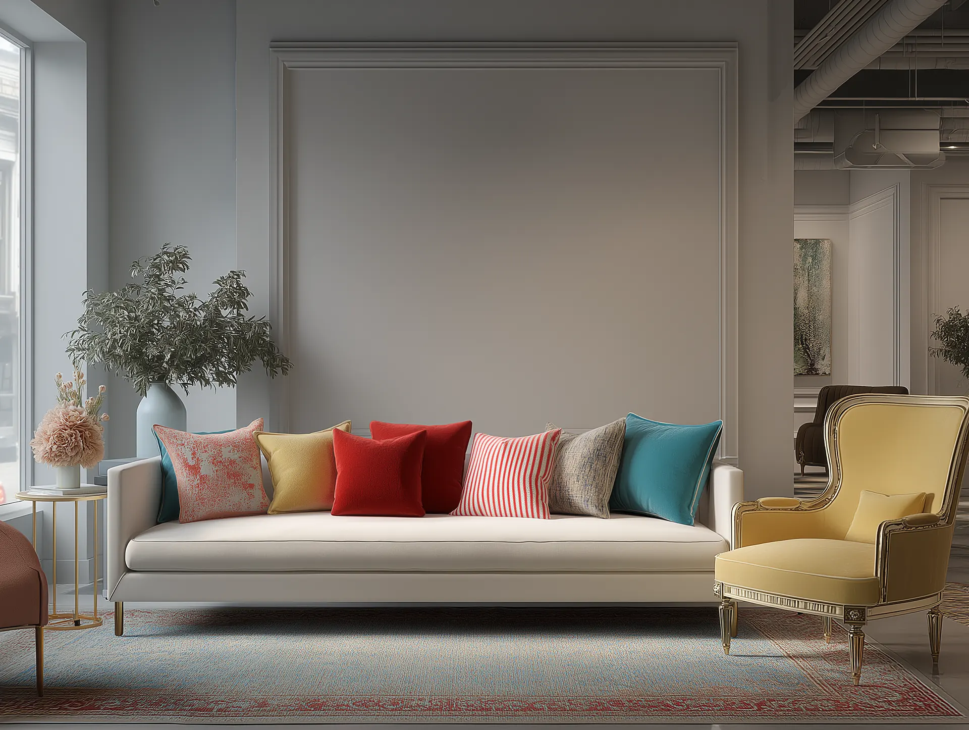 Interior designer inspecting high-end tiles and materials in an overstock warehouse setting.
