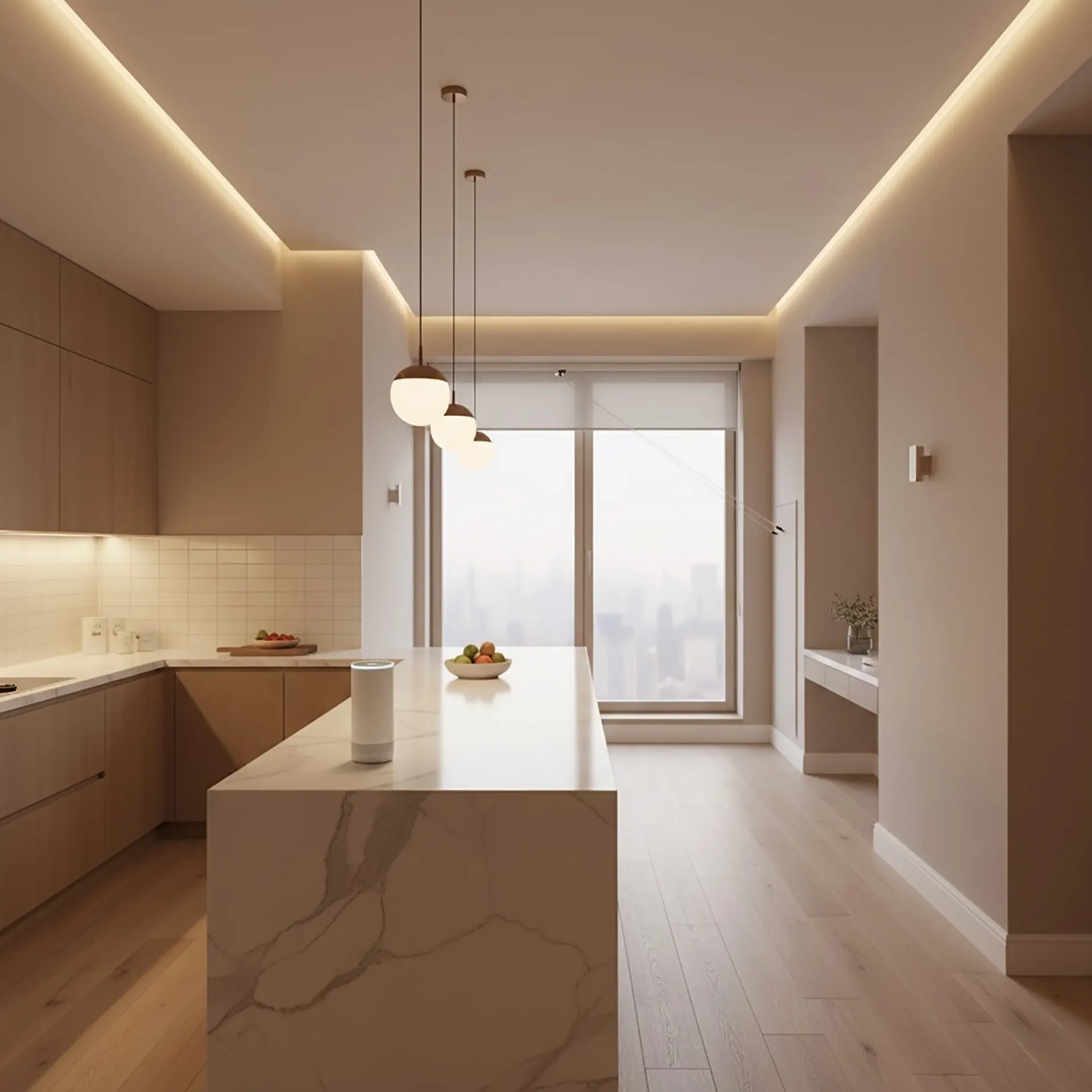 Smart thermostat displaying temperature in a modern living space with integrated lighting controls.