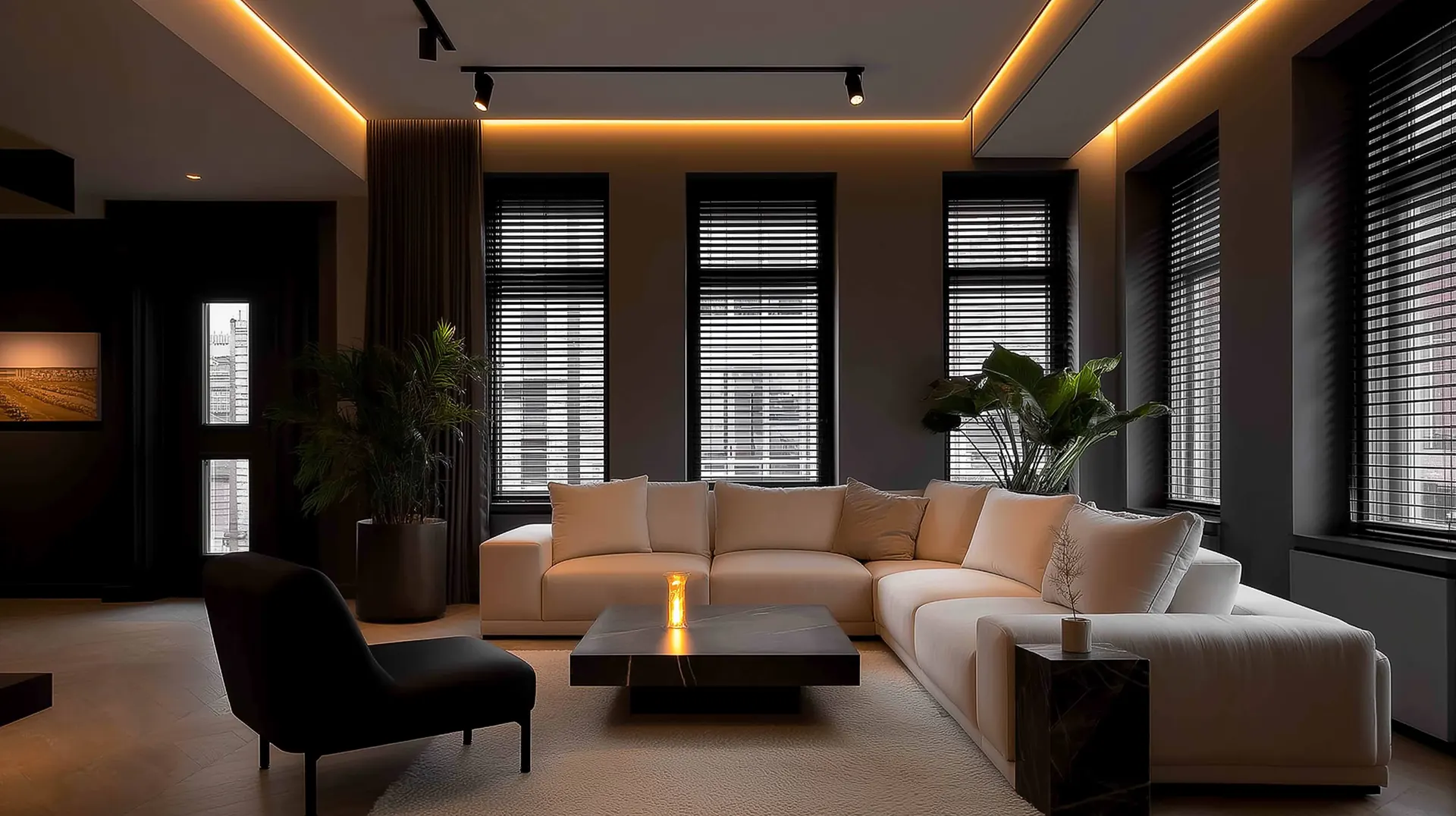 Ultra-realistic photograph of a luxury living room showcasing sophisticated layered lighting (ambient, task, and accent lighting).