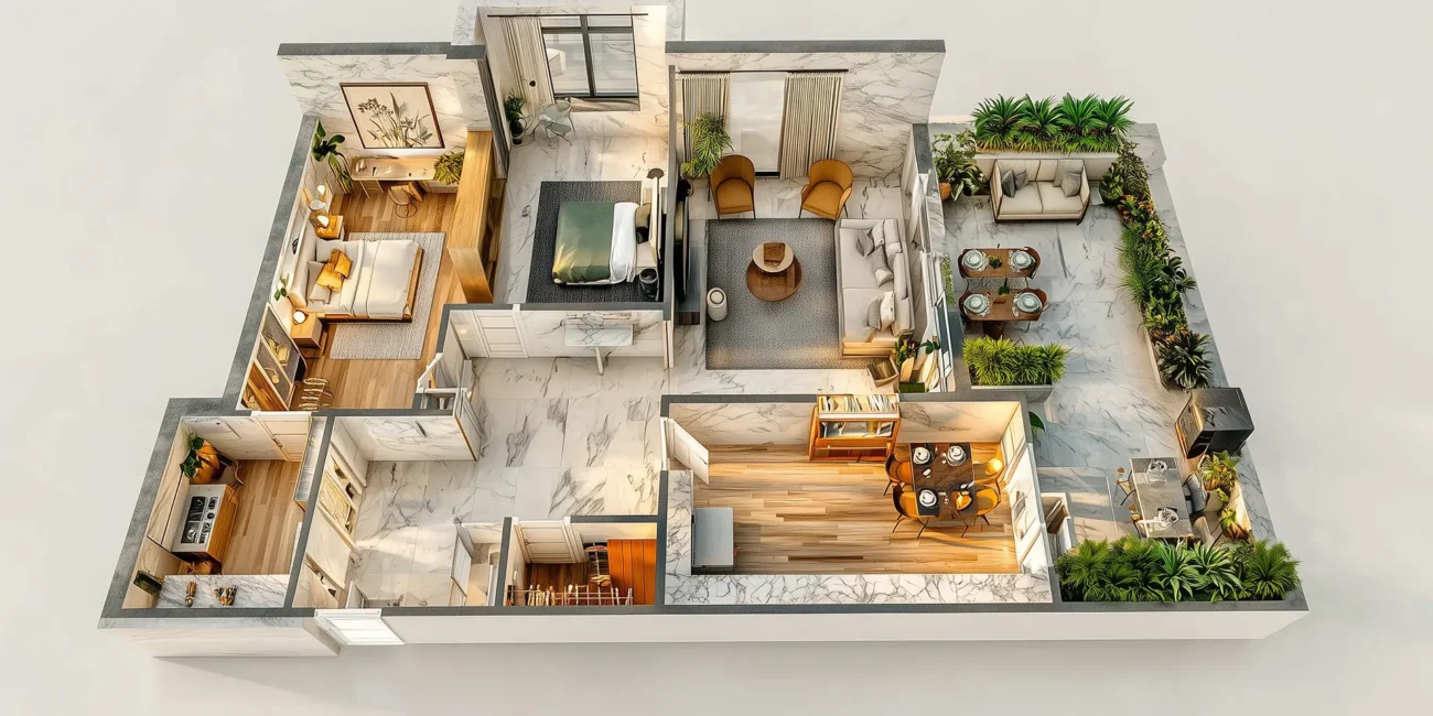 3D bird's-eye view floor plan of a bright luxury apartment featuring white marble floors, two bedrooms, a formal dining room, and a massive heavily planted terrace with outdoor seating.