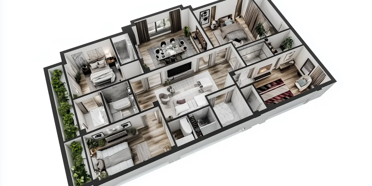 3D bird's-eye view floor plan of a luxury modern three-bedroom apartment featuring an open-plan living and dining area, multiple marble bathrooms, a cozy lounge with a fireplace, and a lush green balcony.