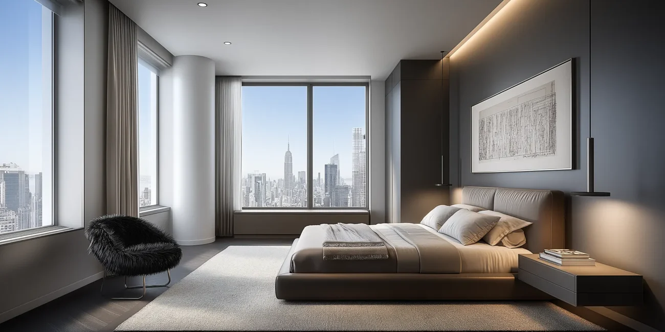 Luxury bedroom featuring an olive green channel-tufted velvet headboard, opulent textured wall panels with integrated lighting, and gold pendant lamps overlooking a bright city skyline.
