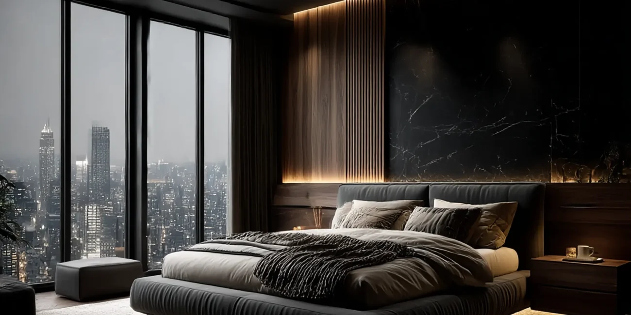 Luxury penthouse bedroom featuring black marble and dark wood wall paneling, a low-profile tufted bed with ambient under-lighting, and floor-to-ceiling windows showcasing the New York City skyline at night.