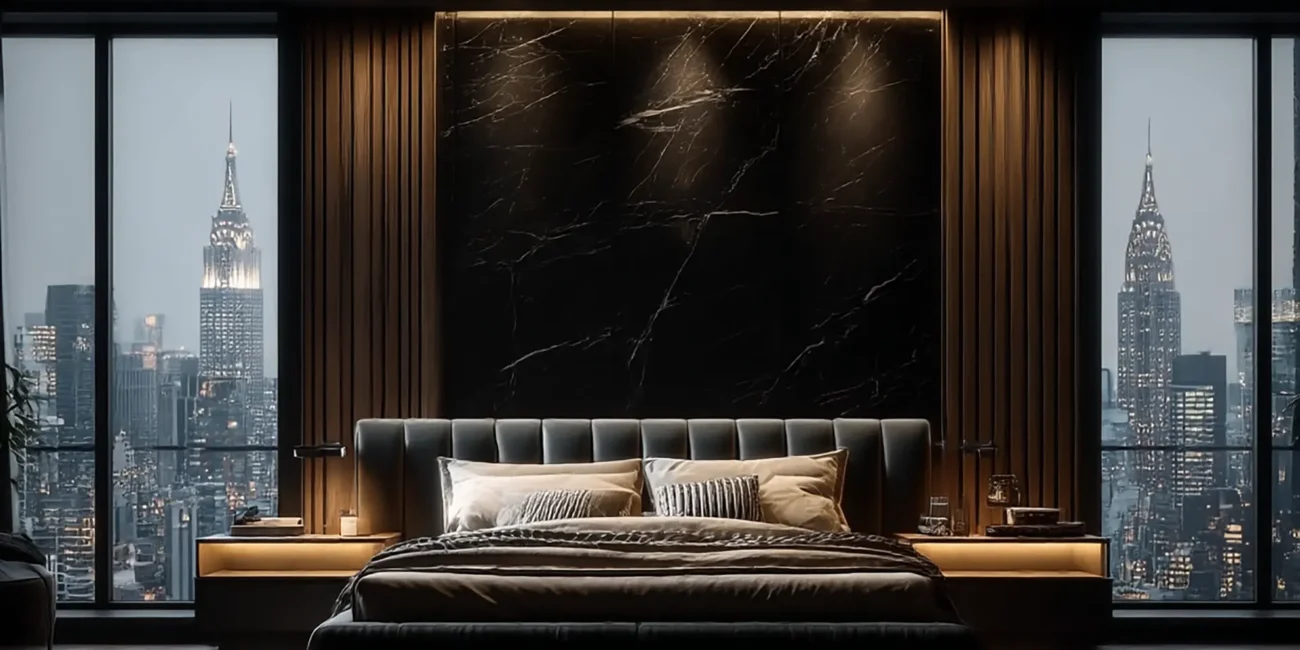 Luxury bedroom featuring black marble and dark wood wall paneling, a low-profile tufted bed with ambient under-lighting, and floor-to-ceiling windows showcasing the New York City skyline at night.