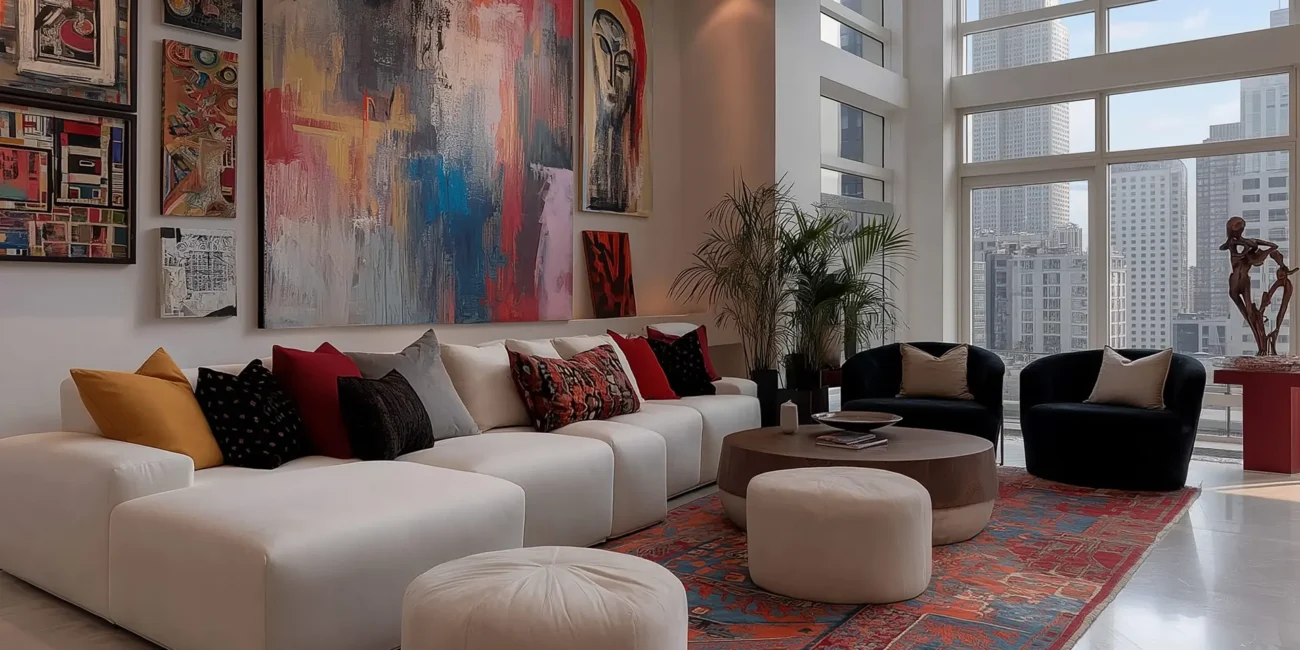Modern eclectic living room featuring a large white sectional, colorful abstract wall art, and an ornate patterned rug with views of the Empire State Building.