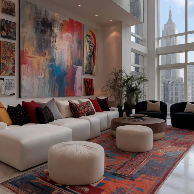 Modern eclectic living room featuring a large white sectional, colorful abstract wall art, and an ornate patterned rug with views of the Empire State Building.