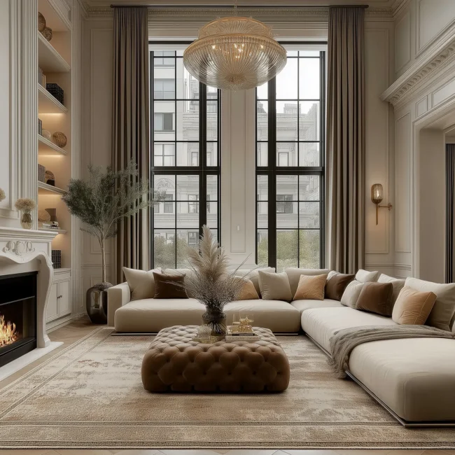 Elegant neoclassical living room with a large cream sectional sofa, a tufted ottoman, a classic white fireplace, and a grand crystal chandelier.