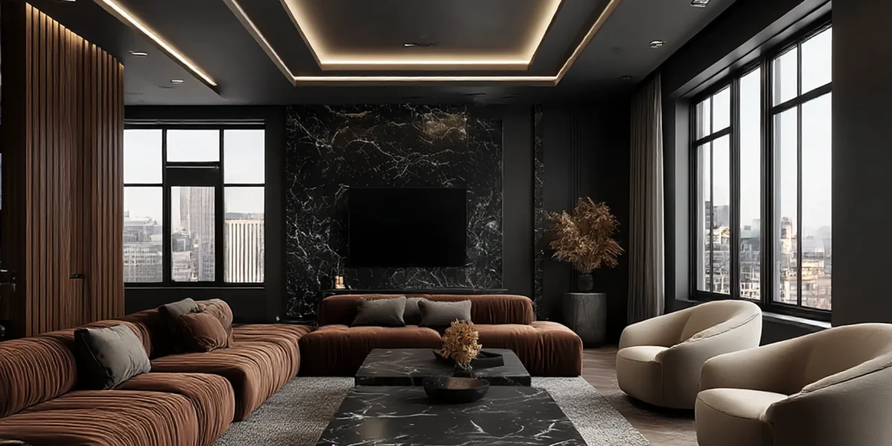 Moody luxury living room featuring a dark marble feature wall, a large brown ribbed velvet sectional, black marble coffee tables, and a tray ceiling with LED lighting.