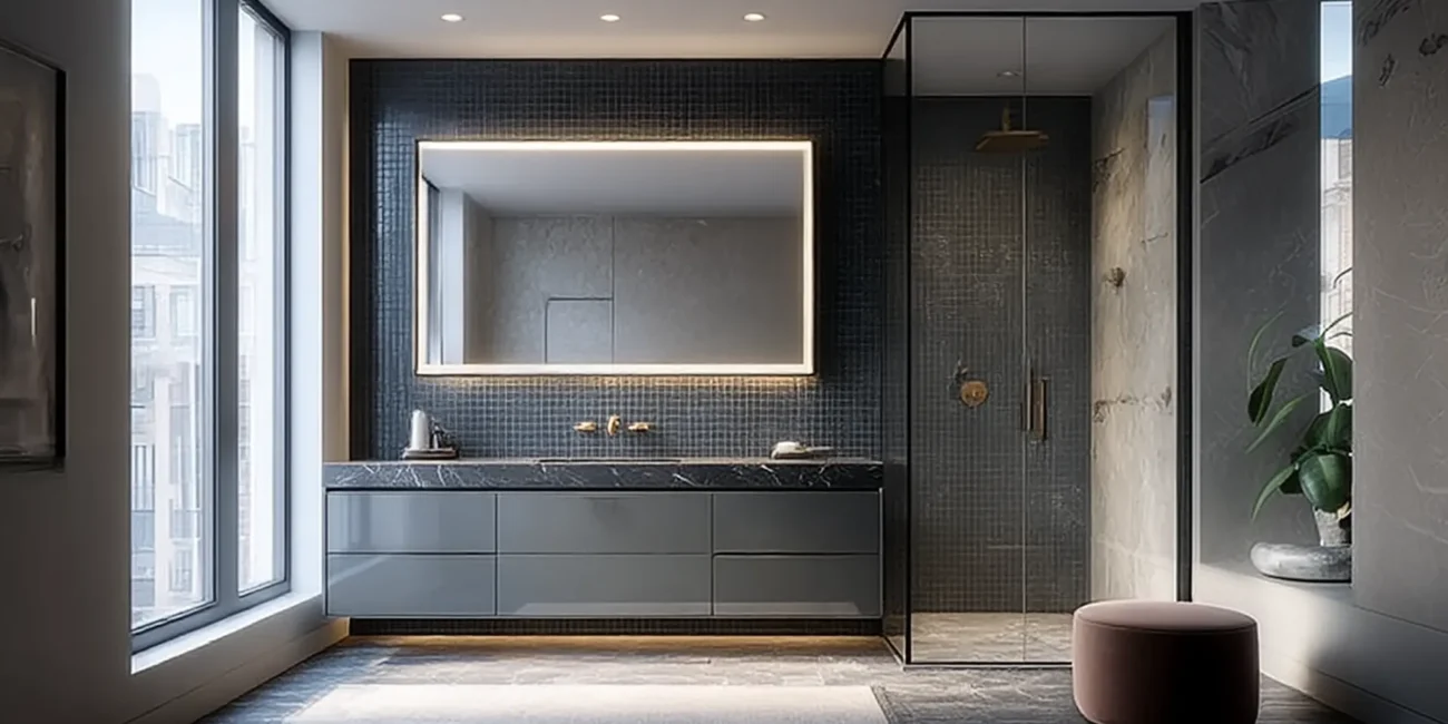 Dark luxury spa bathroom featuring a floating grey vanity, a bright LED-framed mirror, a glass walk-in shower, a mauve velvet pouf, and brass fixtures.