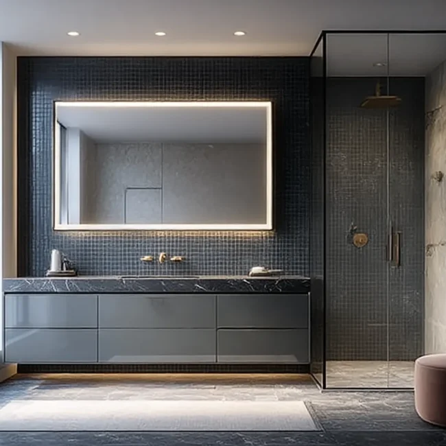 Dark luxury spa bathroom featuring a floating grey vanity, a bright LED-framed mirror, a glass walk-in shower, a mauve velvet pouf, and brass fixtures.