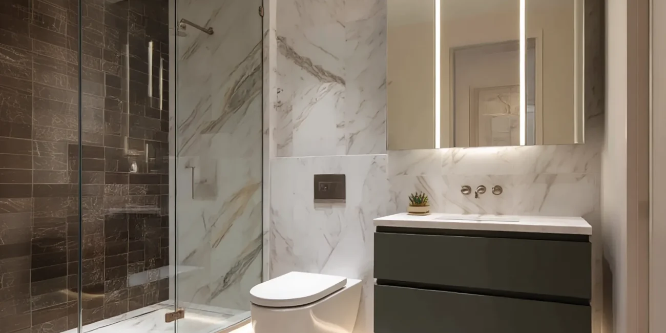 Hotel chic luxury bathroom featuring a dark floating vanity, a wall-mounted toilet, marble walls, an integrated LED mirror, and warm floor-level accent lighting.