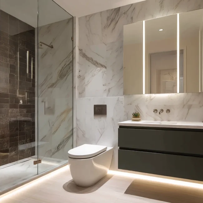 Hotel chic luxury bathroom featuring a dark floating vanity, a wall-mounted toilet, marble walls, an integrated LED mirror, and warm floor-level accent lighting.