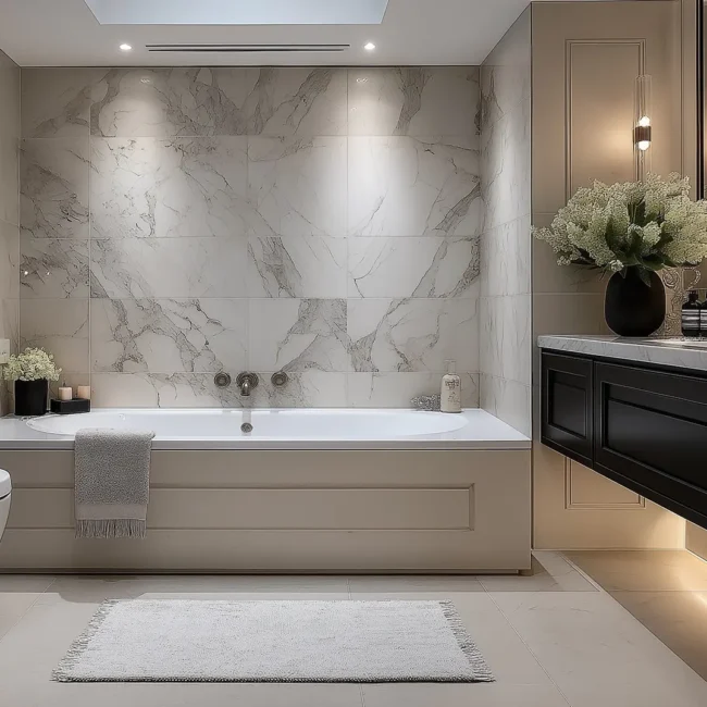 Modern classic luxury bathroom featuring a white marble feature wall, a black floating vanity with brass fixtures, a built-in bathtub, and soft LED accent lighting.