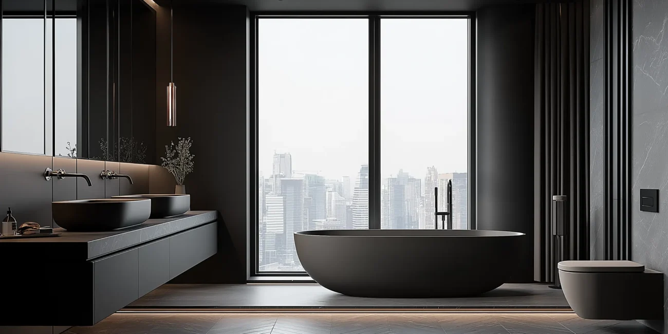 Dark organic minimalist luxury bathroom featuring a dark grey freestanding oval tub, floating double vanity with vessel sinks, herringbone floors, LED accent lighting, and a floor-to-ceiling window with a city skyline view.