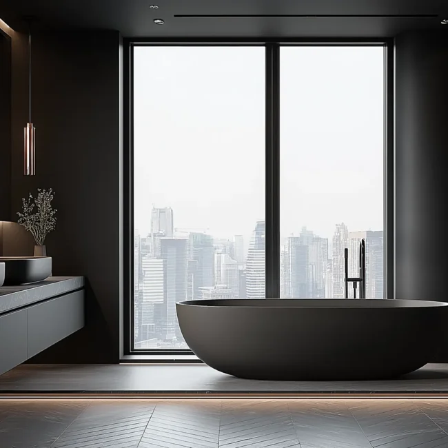 Dark organic minimalist luxury bathroom featuring a dark grey freestanding oval tub, floating double vanity with vessel sinks, herringbone floors, LED accent lighting, and a floor-to-ceiling window with a city skyline view.