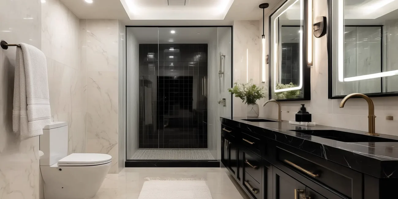 Transitional luxury bathroom featuring a black double vanity with brass hardware, LED-backlit mirrors, white marble walls, and a glass-enclosed walk-in shower with dark tile.