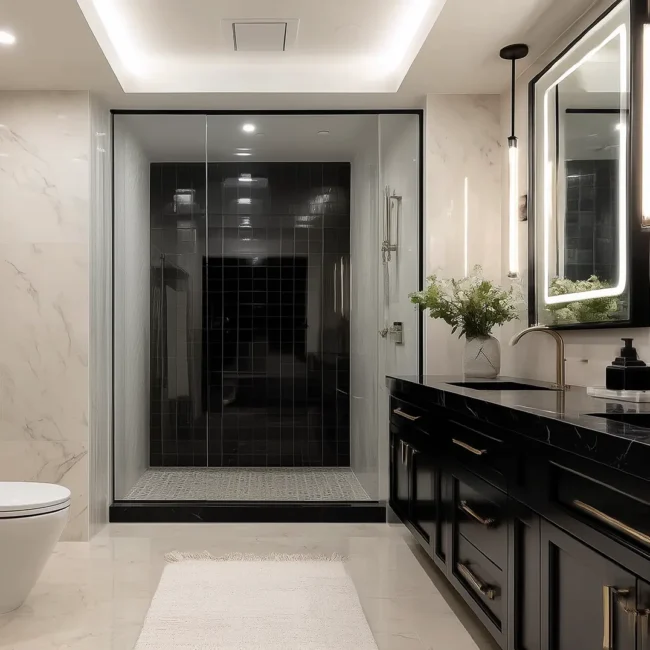Transitional luxury bathroom featuring a black double vanity with brass hardware, LED-backlit mirrors, white marble walls, and a glass-enclosed walk-in shower with dark tile.