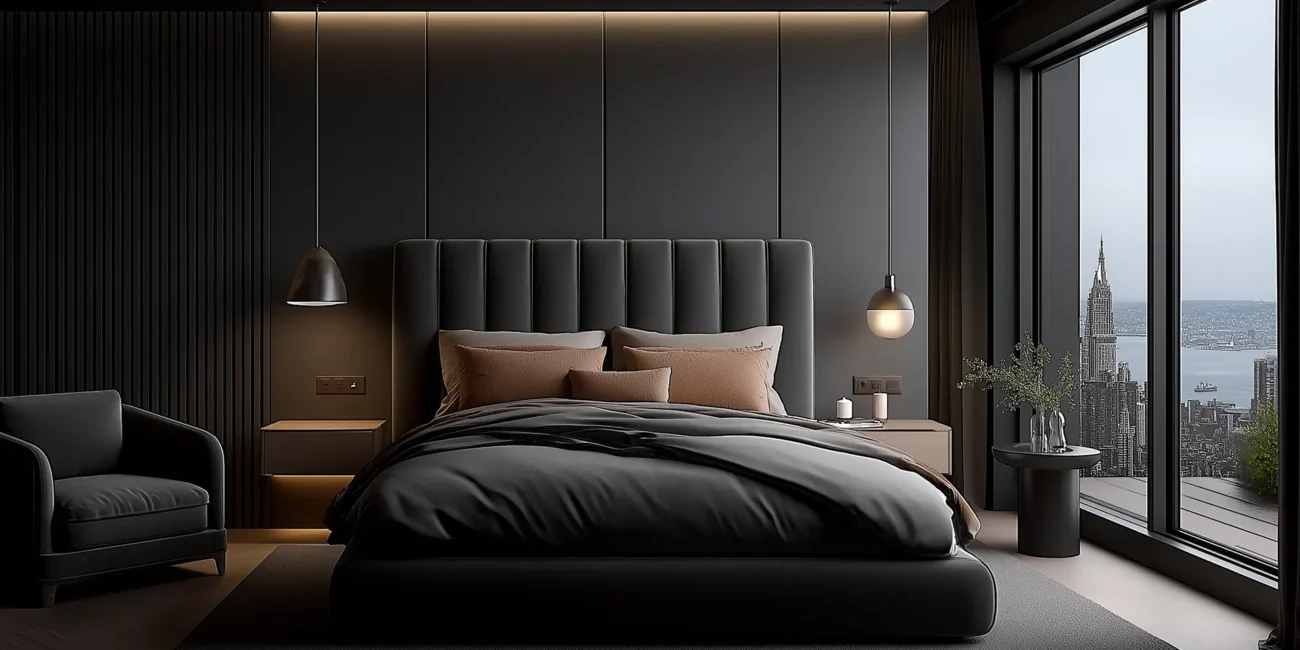 Luxury bedroom with dark grey paneled walls, a vertical channel-tufted headboard, and minimalist pendant lighting overlooking the Empire State Building.