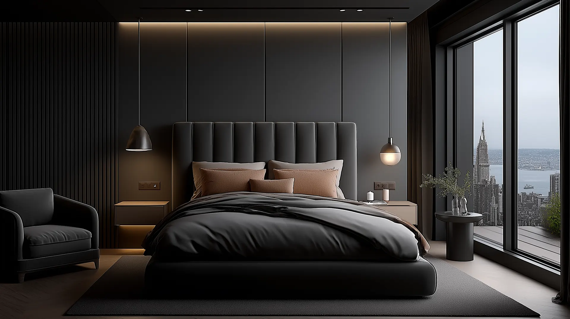 Luxury bedroom with dark grey paneled walls, a vertical channel-tufted headboard, and minimalist pendant lighting overlooking the Empire State Building.