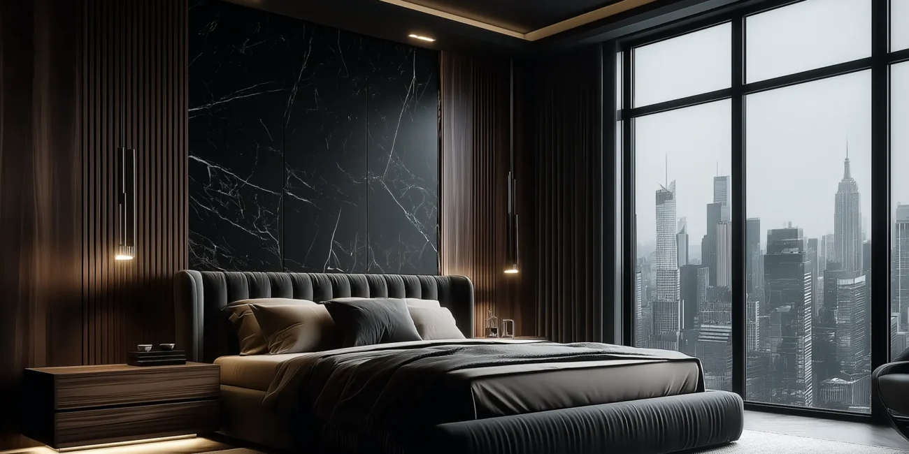Luxury bedroom featuring black marble and dark wood wall paneling, a low-profile tufted bed with ambient under-lighting, and floor-to-ceiling windows showcasing the New York City skyline at night.