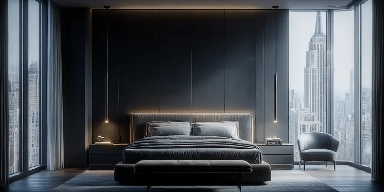 Luxury penthouse bedroom featuring a dark grey minimalist accent wall with integrated warm lighting, a low-profile bed, and floor-to-ceiling windows with a direct view of the Empire State Building.