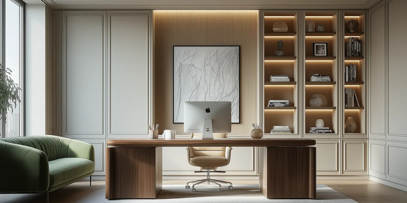Modern home office featuring a curved wooden executive desk, a green velvet sofa, and integrated backlit shelving with Art Deco-inspired wall paneling.