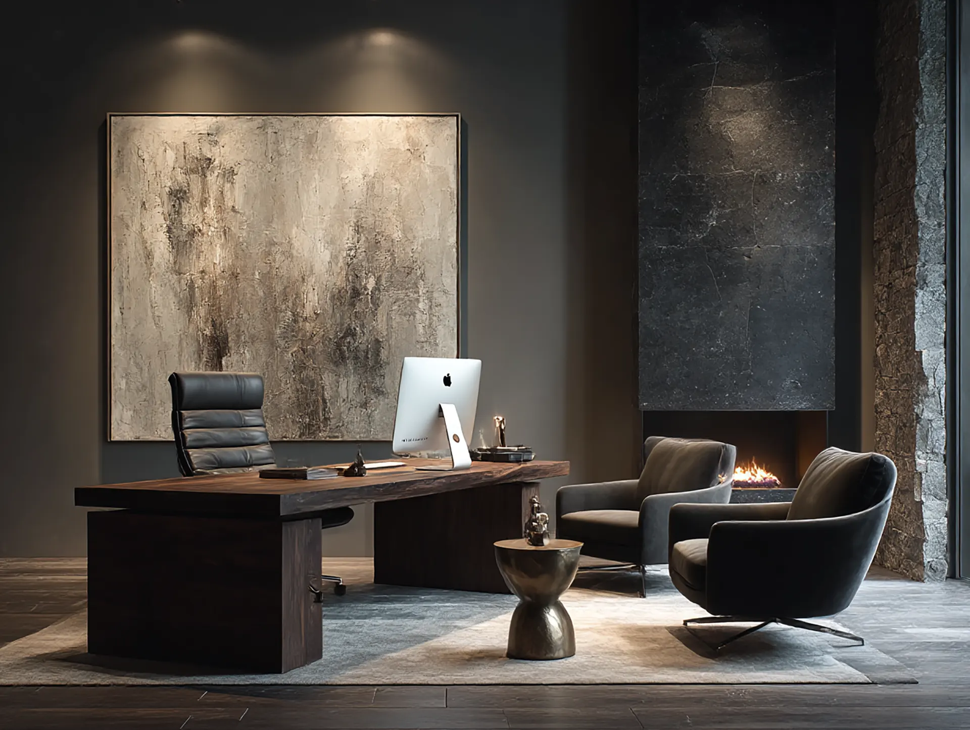 Modern home office featuring a live-edge dark wood executive desk, a black leather chair, and a minimalist fireplace set in a dark stone wall.