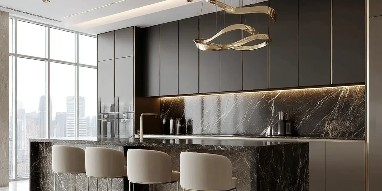 Luxury contemporary kitchen featuring dark matte cabinetry, a dramatic dark marble island and backsplash, a sculptural gold ribbon chandelier, cream bar stools, and floor-to-ceiling windows with a city skyline view.
