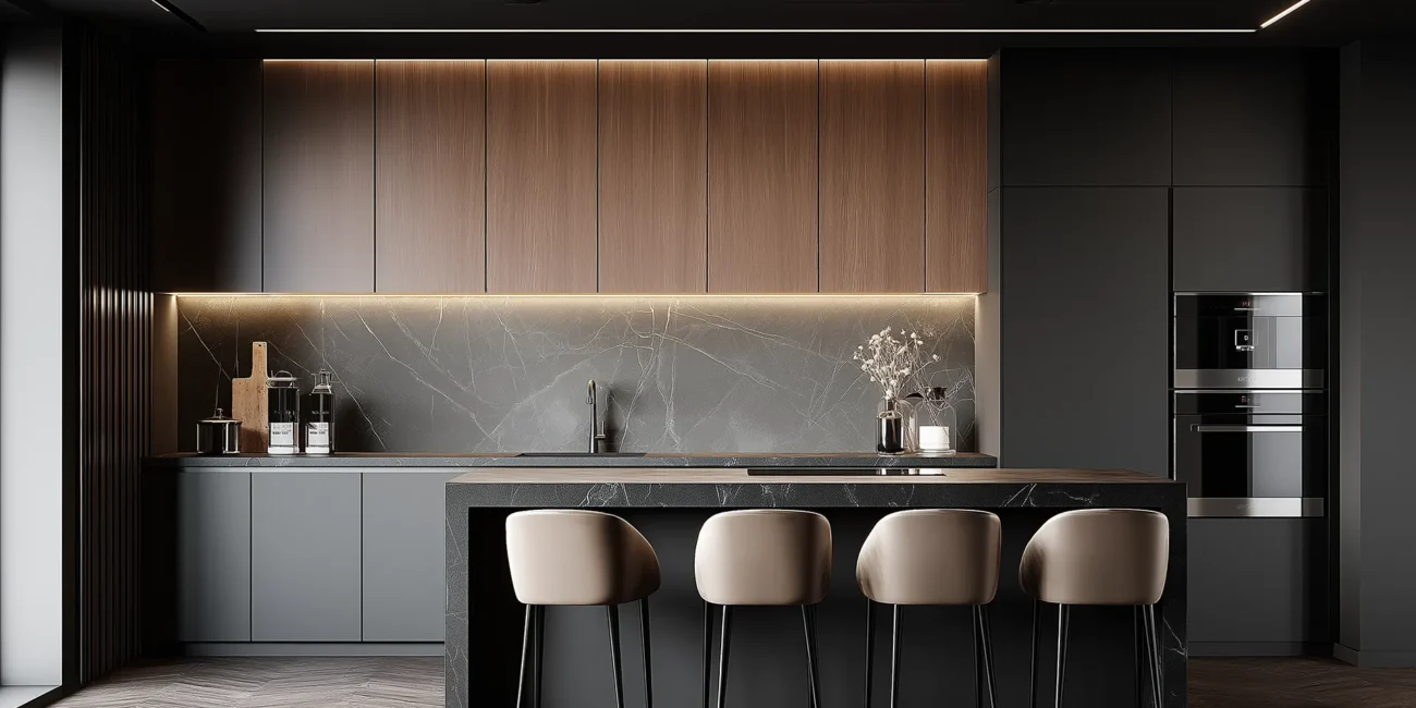 Dark luxury contemporary kitchen featuring matte black and warm wood cabinetry, a dark veined marble waterfall island, curved beige bar stools, and warm under-cabinet LED lighting.