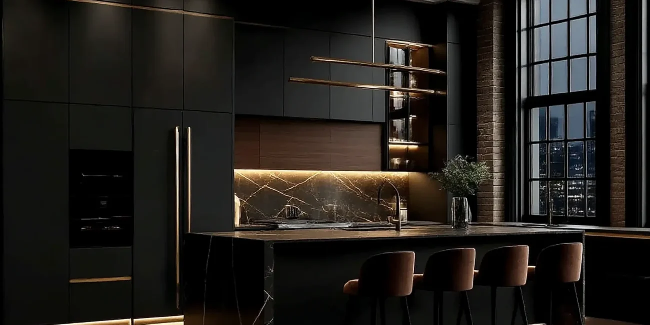 Moody luxury dark kitchen featuring matte black cabinetry, a veined dark marble waterfall island, warm wood accents, linear gold pendant lighting, and industrial windows with exposed brick.
