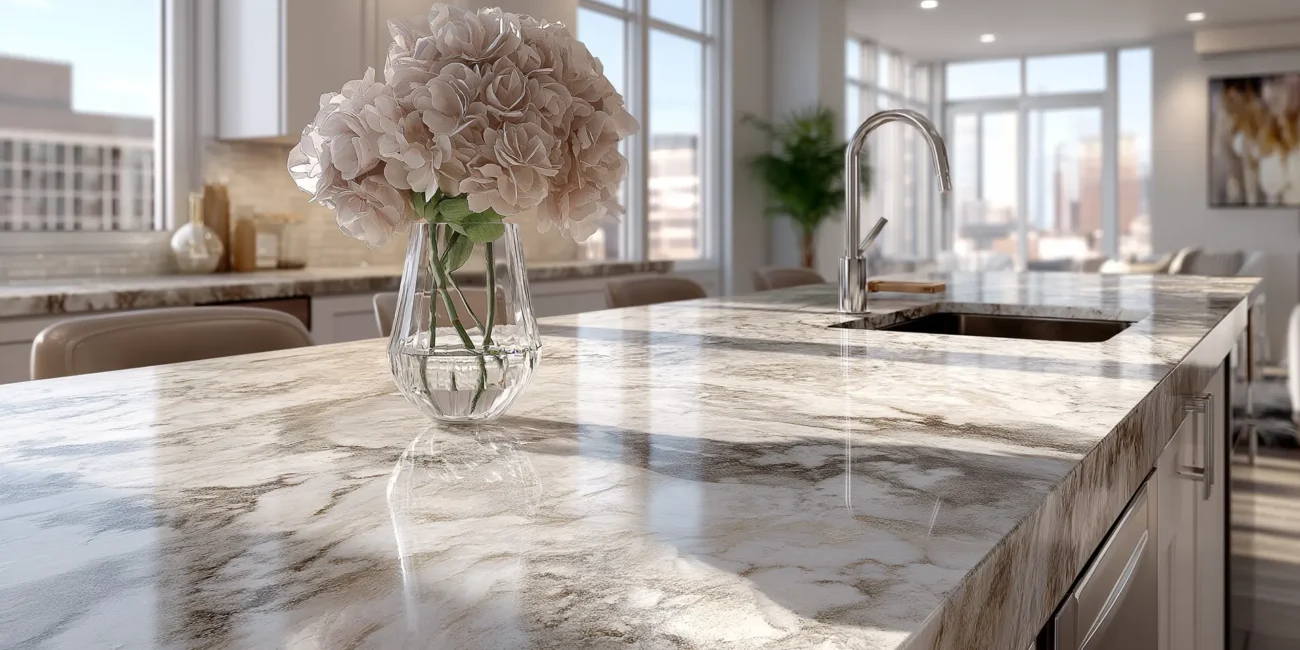 Close-up of a luxurious, heavily veined marble kitchen island countertop featuring a modern stainless steel faucet, white cabinetry, and a clear vase with blush flowers in a bright, sunlit open-plan home.