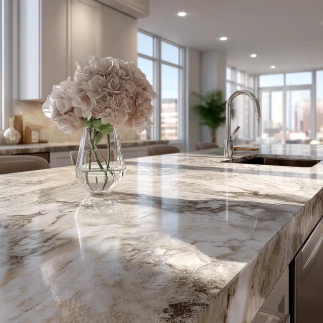 Close-up of a luxurious, heavily veined marble kitchen island countertop featuring a modern stainless steel faucet, white cabinetry, and a clear vase with blush flowers in a bright, sunlit open-plan home.