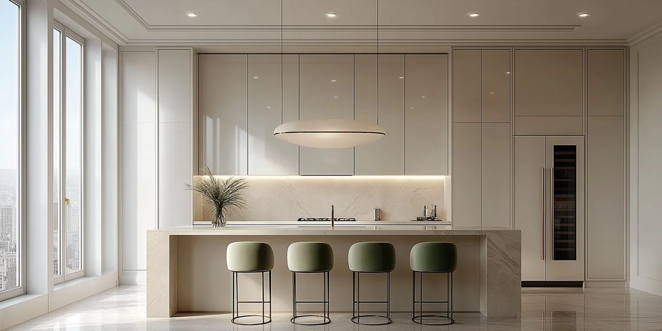 Modern Art Deco-style luxury kitchen featuring sleek cream cabinetry, a stone waterfall island, sage green velvet bar stools, a large illuminated saucer pendant light, and bright city views.