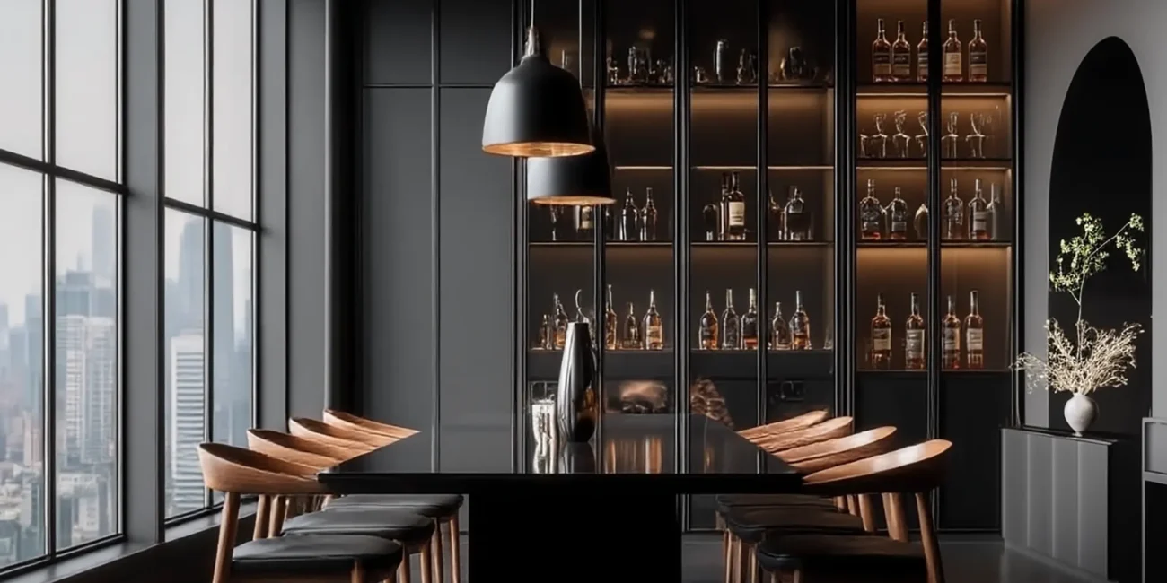 Modern dark luxury dining room featuring a glossy black table, curved wooden chairs, an illuminated glass bar display cabinet, and large windows with a city skyline view.
