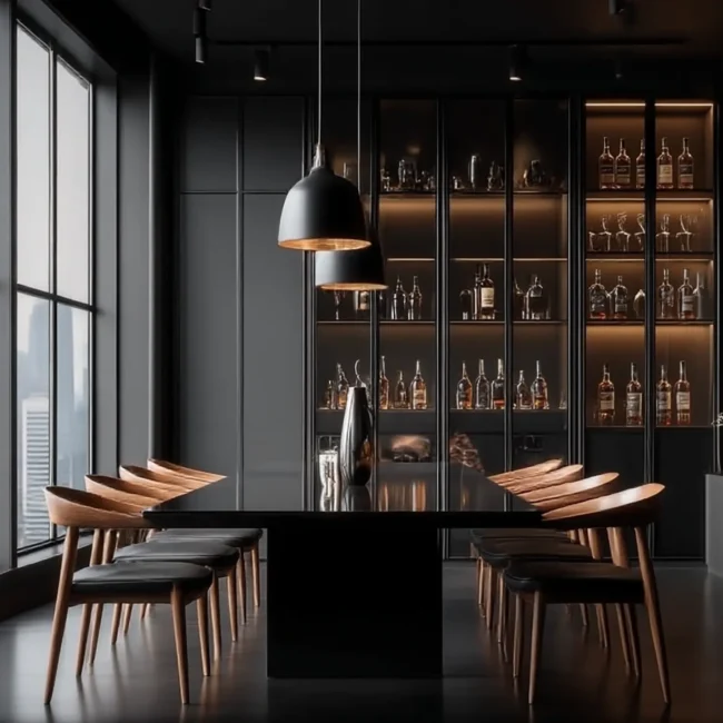 Modern dark luxury dining room featuring a glossy black table, curved wooden chairs, an illuminated glass bar display cabinet, and large windows with a city skyline view.