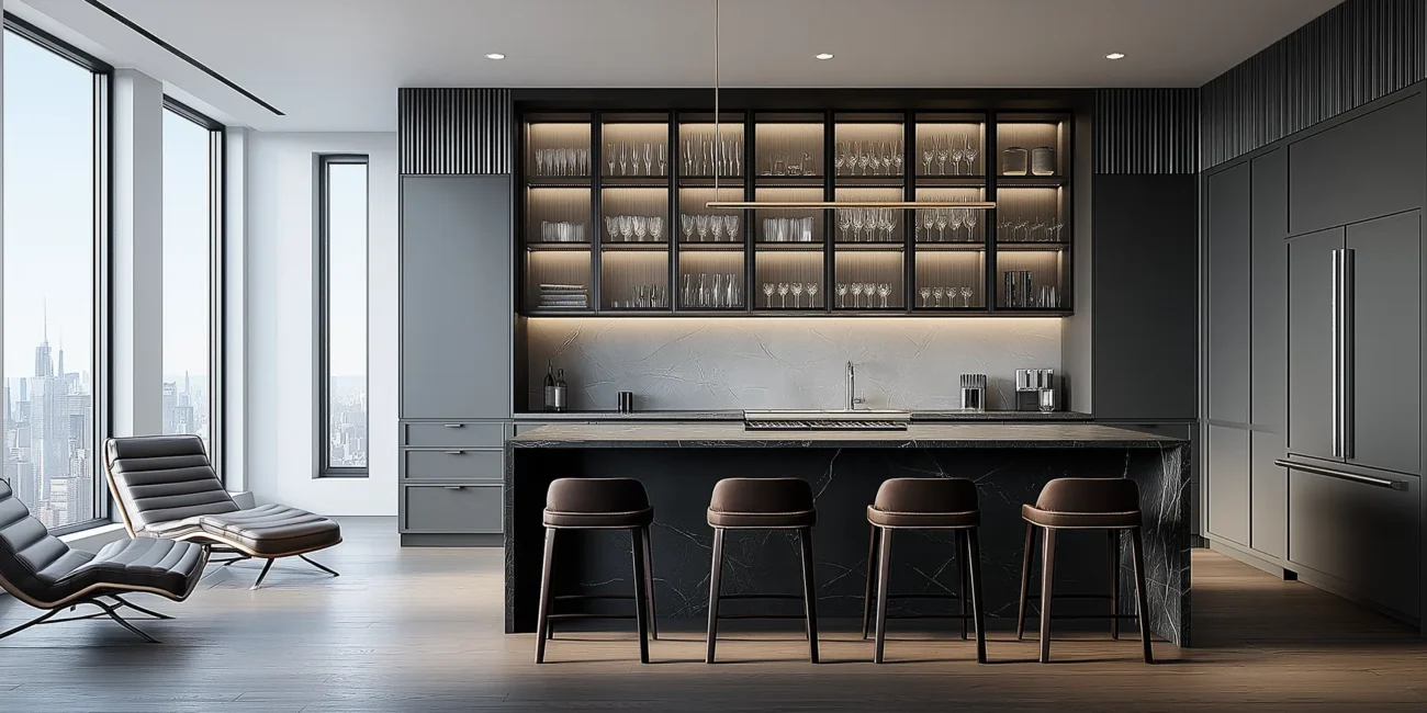 Monochromatic modern luxury kitchen featuring matte dark grey cabinetry, an illuminated glass glassware display, a dark stone island, and black lounge chairs near tall windows with city views.