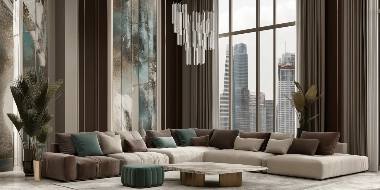 Contemporary luxury living room featuring a massive modular sectional, polished marble flooring, a cascading glass tube chandelier, and tall windows with a modern city skyline view.
