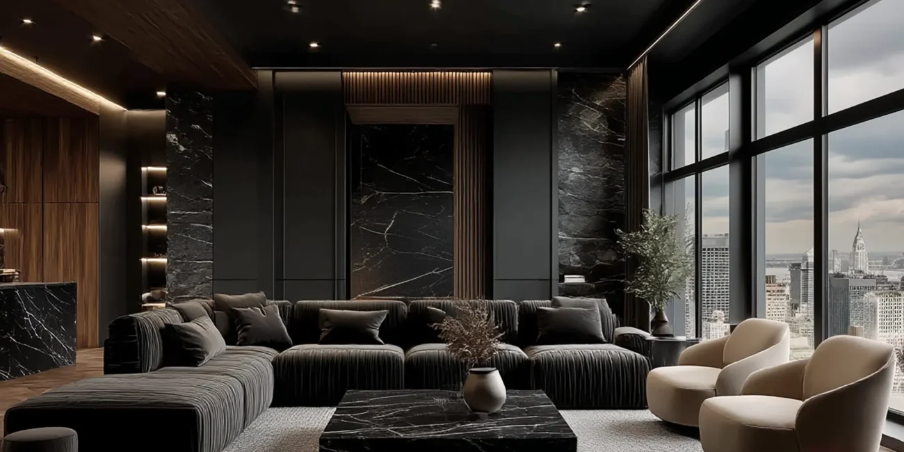 Dark luxury living room featuring a massive charcoal ribbed sectional, a black marble block coffee table, curved cream armchairs, and floor-to-ceiling windows with a city skyline view.