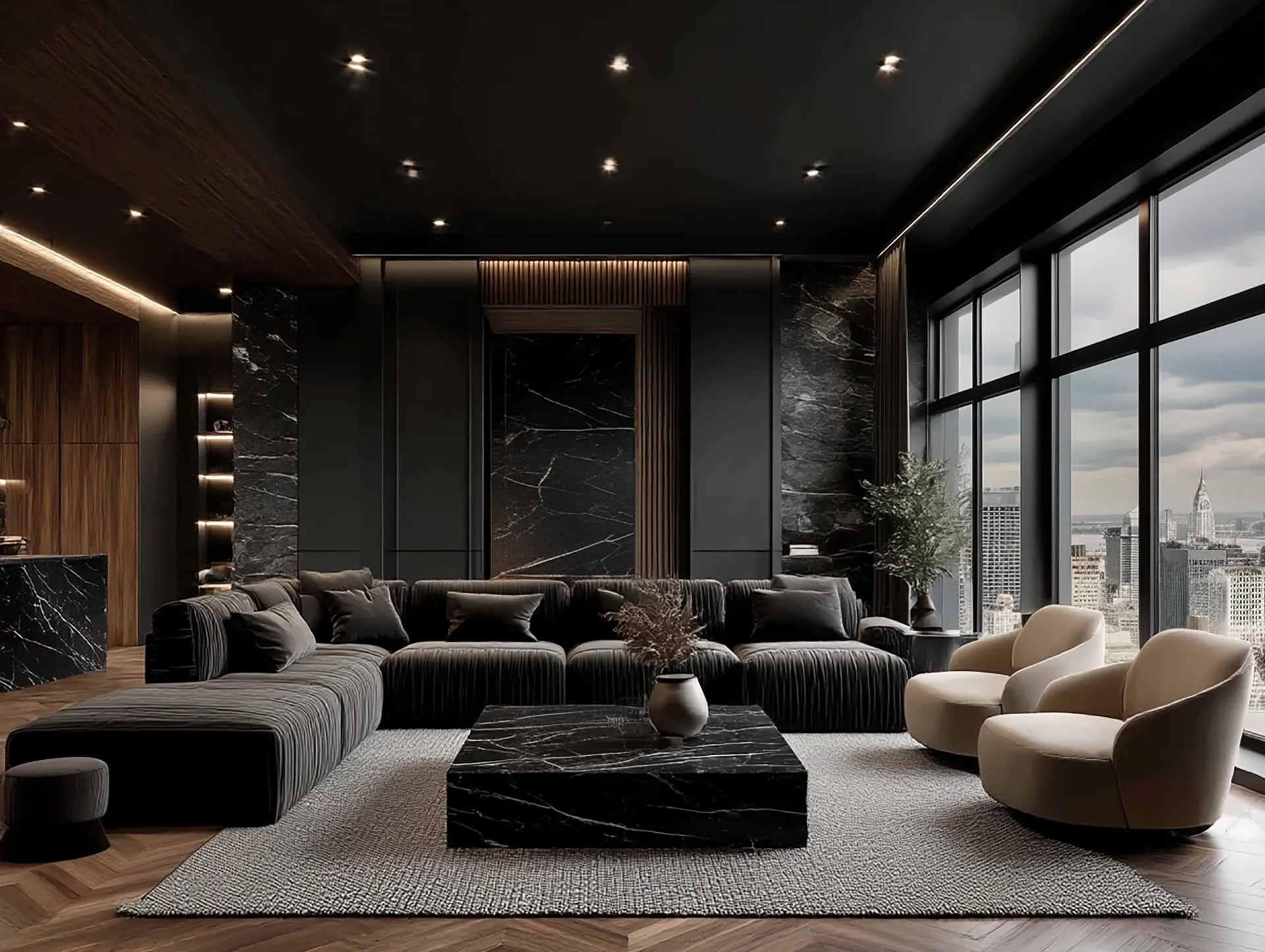 Dark luxury living room featuring a massive charcoal ribbed sectional, a black marble block coffee table, curved cream armchairs, and floor-to-ceiling windows with a city skyline view.