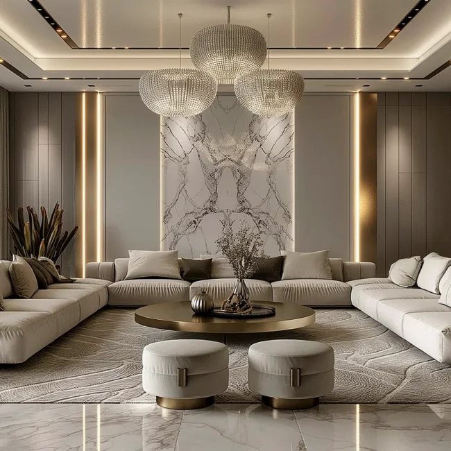 Modern living room featuring a large beige U-shaped sectional, marble wall accents with warm integrated lighting, and three spherical crystal chandeliers.
