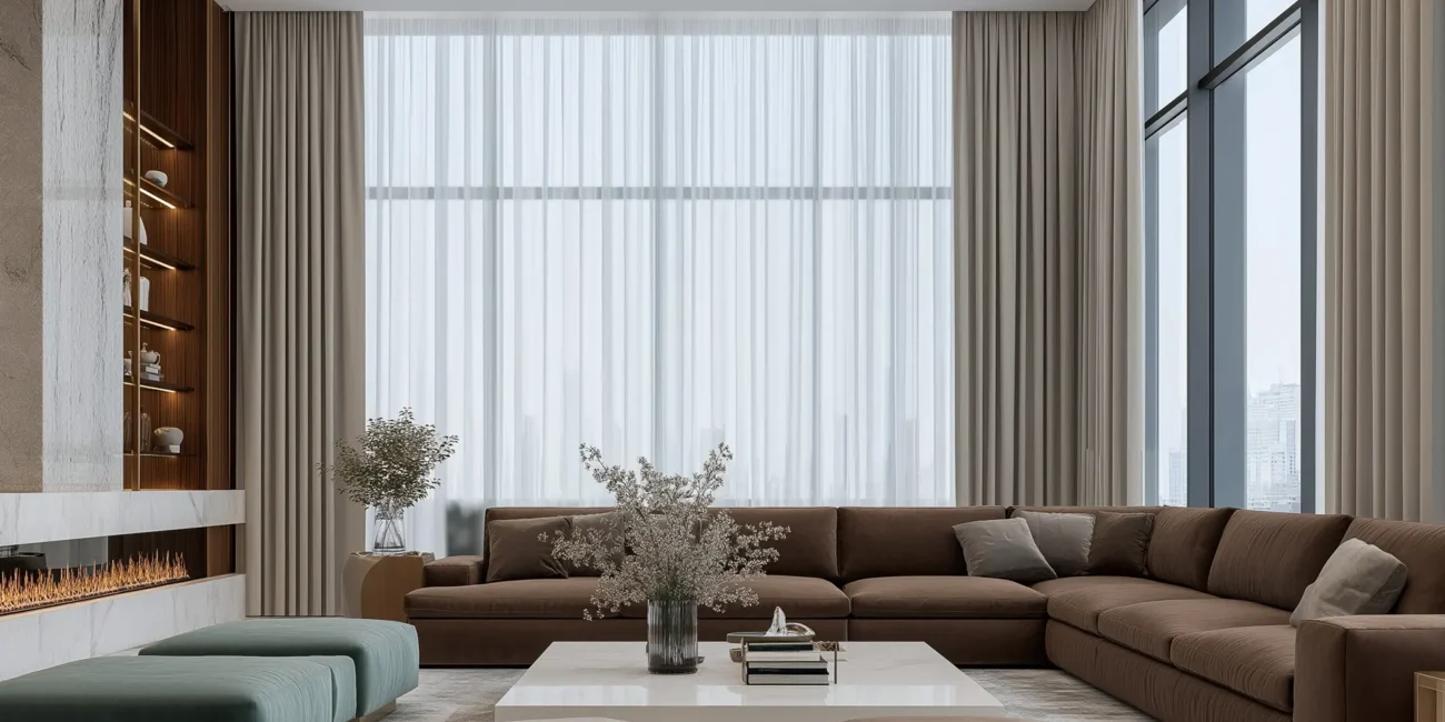 Soft contemporary luxury living room featuring a rich brown sectional sofa, a modern linear fireplace, illuminated built-in shelving, and high tray ceilings with cove lighting.