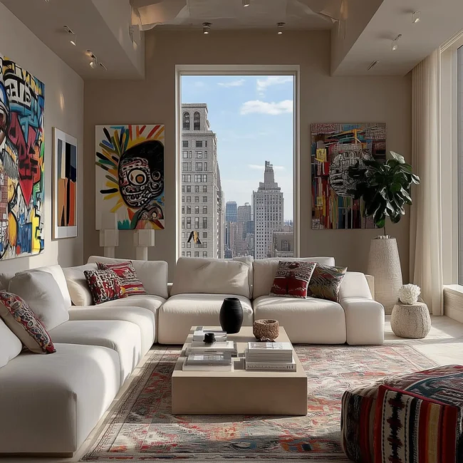 Contemporary eclectic living room featuring a white modular sectional, bold graffiti-style artwork, patterned textiles, and floor-to-ceiling windows with a city skyline view.