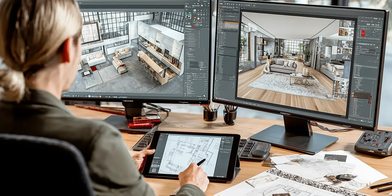 Female interior designer creating realistic 3D visualizations on dual monitors and a drawing tablet at a desk with architectural floor plans.