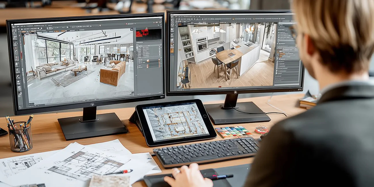 Interior designer creating realistic 3D visualizations on dual monitors and a drawing tablet at a desk with architectural floor plans and material samples.