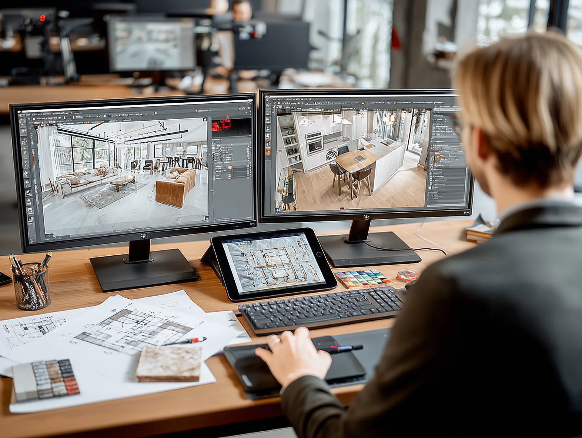 Interior designer creating realistic 3D visualizations on dual monitors and a drawing tablet at a desk with architectural floor plans and material samples.