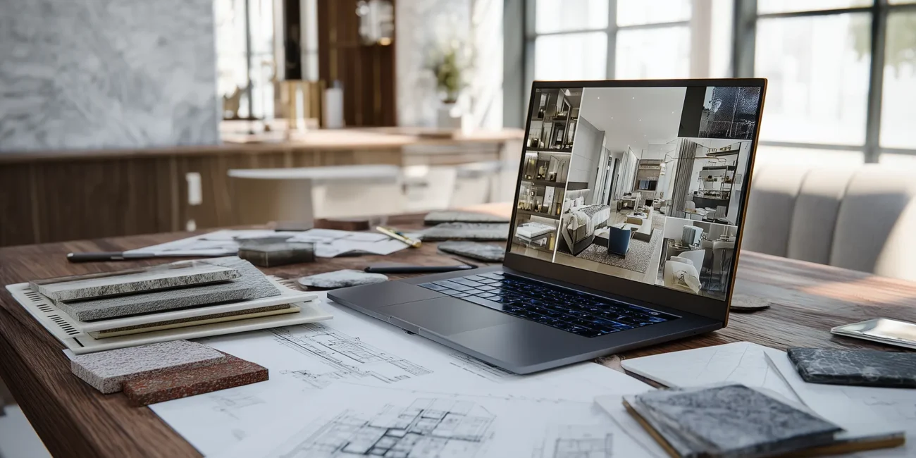Elegant interior design workspace featuring a laptop displaying a 3D room rendering, architectural floor plans, and various stone material samples on a wooden desk.